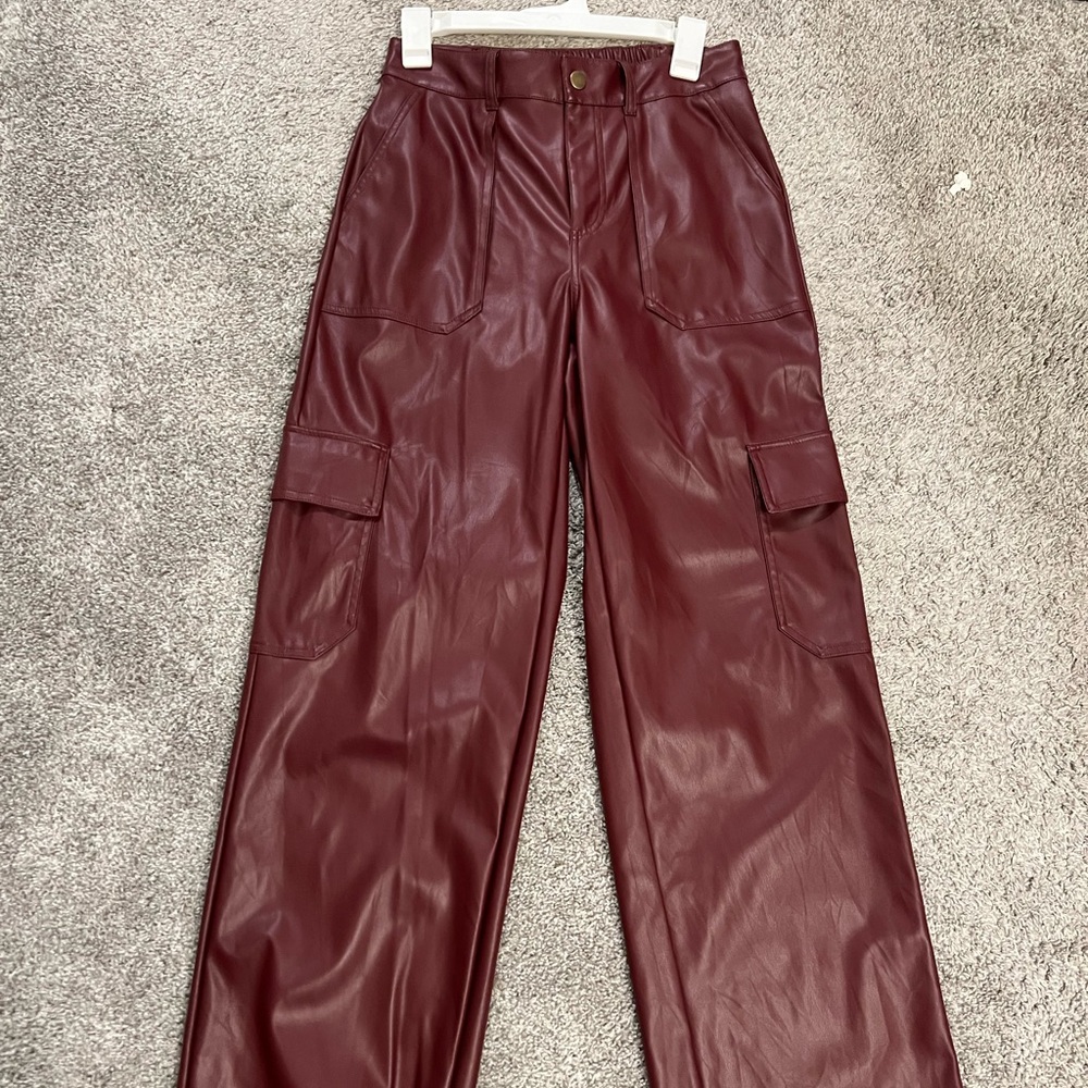 red faux leather cargo pants